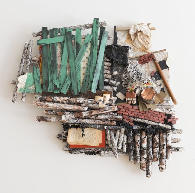 Susan Greer Emmerson, Gone Home/Home Gone: Kitchen Table, acrylic on molded Tyvek; mixed media and found objects.