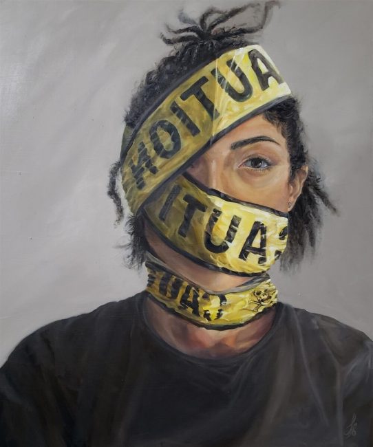 Caution, oil painting by Lizbeth Cabral